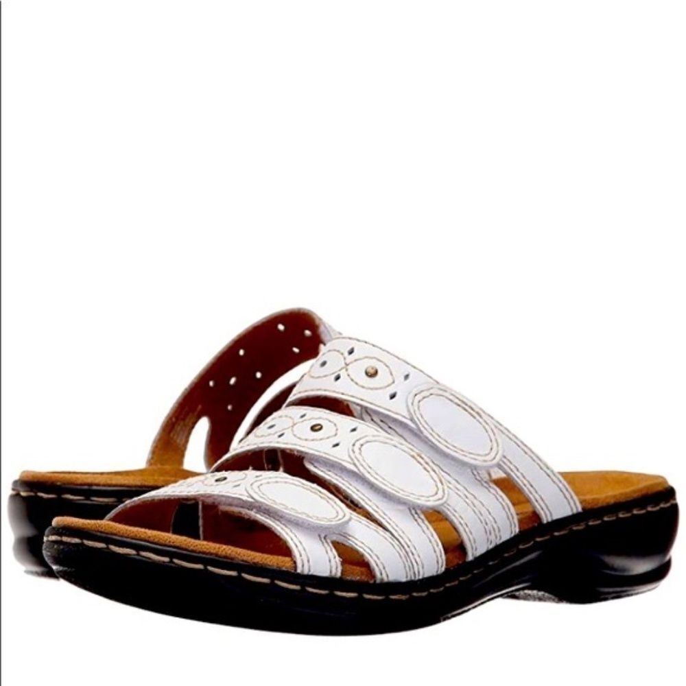 Clarks Collection Leisa Cacti White Leather Slide Sandals Sz 12 WIDE WID…